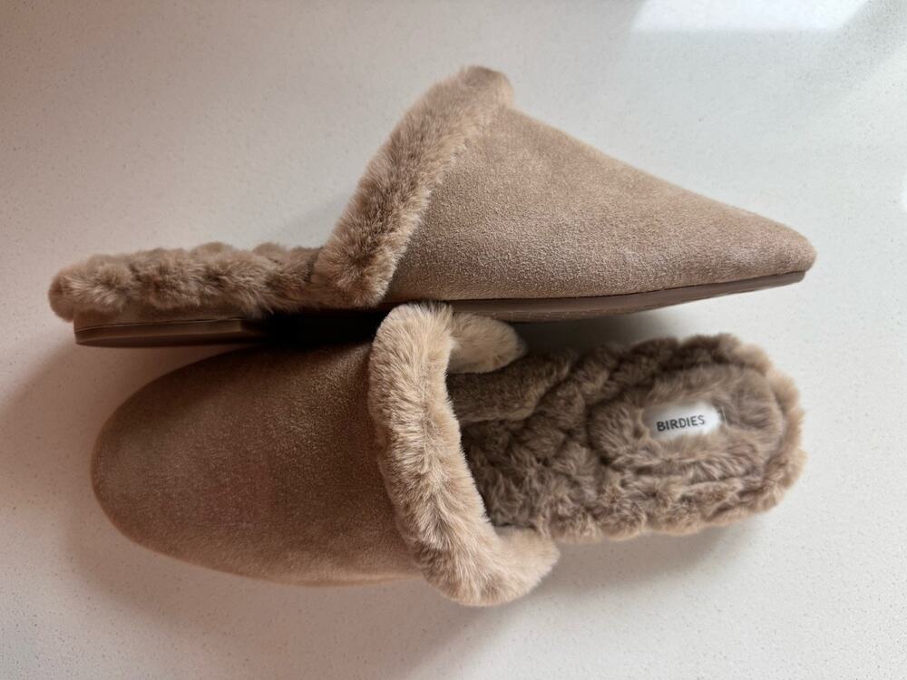 Birdies Slides House Slippers Songbird Biscotti Suede and Faux Fur Tan Size 9